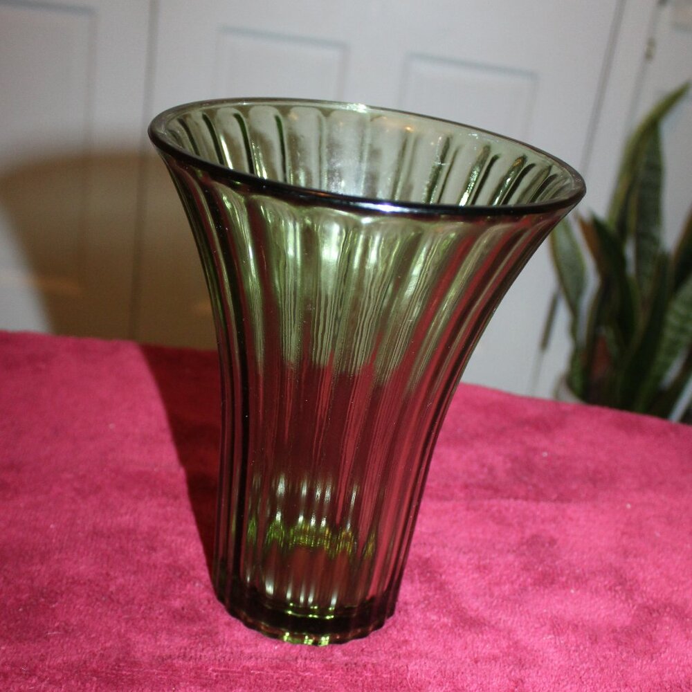 Vintage Avocado Green Ridged Vase